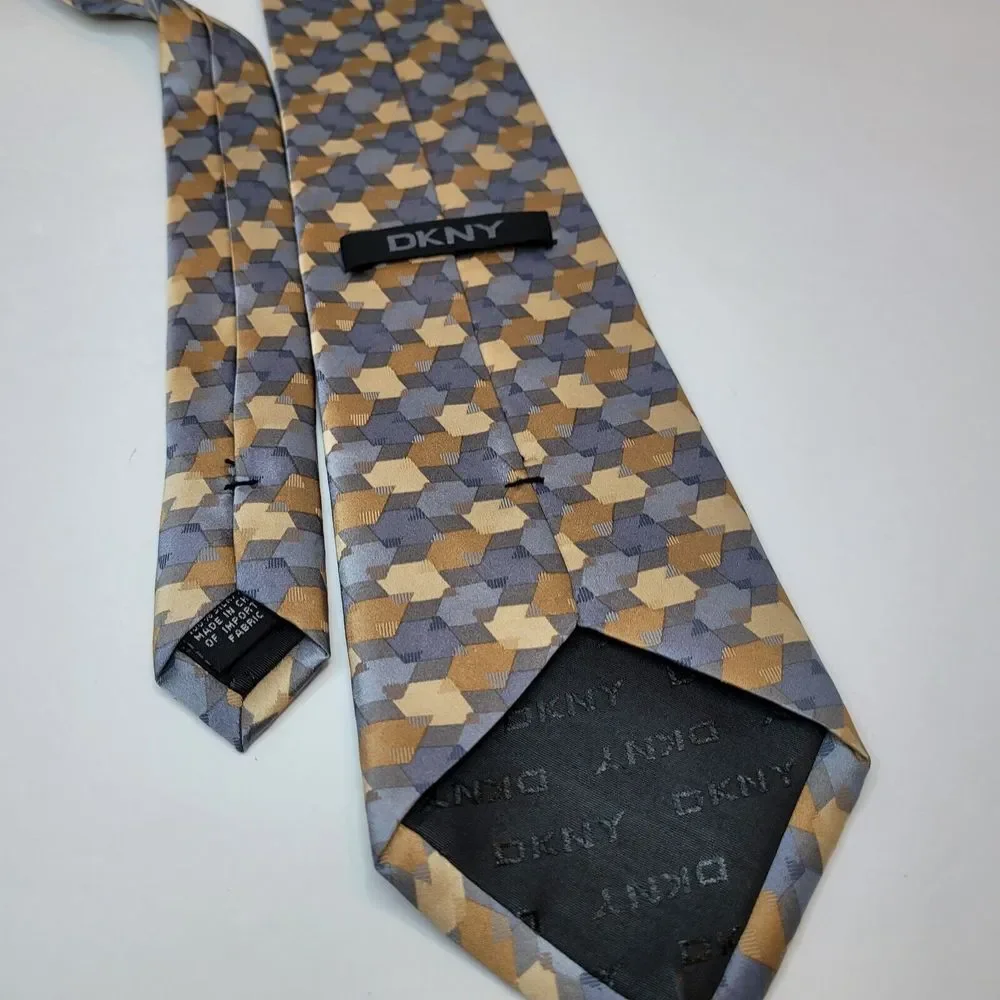 DKNY Tie -  3.75 in Brown Blue Geometric Silk Necktie‎ - Men's Classic